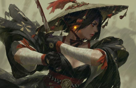 HD desktop wallpaper featuring an original anime depiction of a female samurai warrior in dynamic action, finely detailed with a traditional hat and sword, set against a dramatic background.