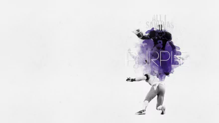 HD desktop wallpaper of a Washington Huskies college football player leaping through a purple paint splash on a minimalist white background — sports-themed college football artwork.