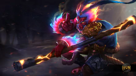 HD PC desktop wallpaper featuring Monkey King, a warrior character from the video game Heroes of Newerth, wielding a glowing staff in a dynamic battle pose.