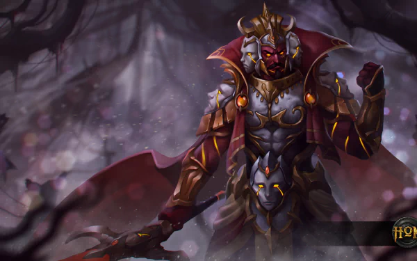 HD desktop wallpaper featuring a dark, armored character from the video game Heroes of Newerth in a shadowy, mystical environment.