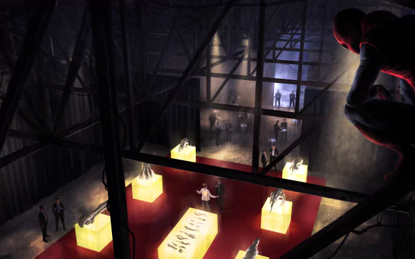 A dramatic scene from Spider-Man: Homecoming, featuring Spider-Man perched above an exhibit with glowing displays, observing people below in a shadowy environment. 4K Ultra HD desktop wallpaper.