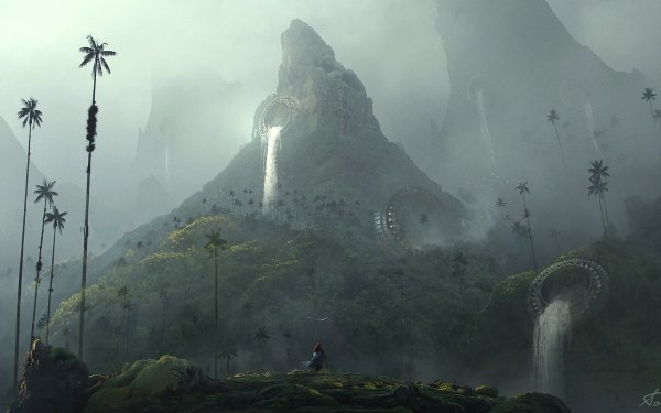 Fantasy Landscape Waterfall Mountain Fog Cloud Tree HD Wallpaper | Background Image