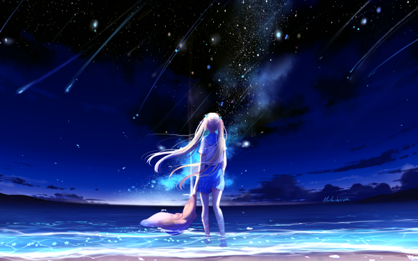 Anime Original Comet Stars Night Beach Sea Twintails Long Hair Schoolgirl School Uniform HD Wallpaper | Background Image