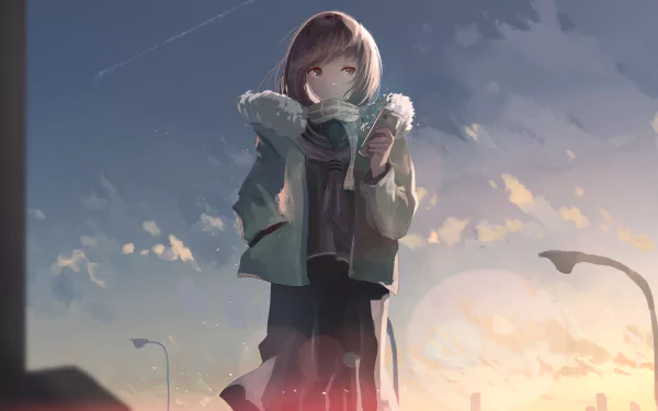 cold scarf phone short hair Anime Original HD Desktop Wallpaper | Background Image
