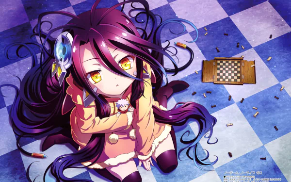 HD desktop wallpaper featuring Shuvi Dola from the anime No Game No Life. She sits on a purple checkered floor, surrounded by game pieces, with a contemplative expression and flowing dark hair.