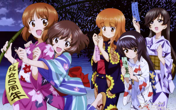 Anime girls Saori Takebe, Mako Reizei, Miho Nishizumi, Hana Isuzu, and Yukari Akiyama from Girls und Panzer in colorful yukatas under a starry night, 4K Ultra HD wallpaper.