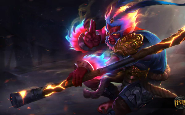 HD PC desktop wallpaper featuring Monkey King, a warrior character from the video game Heroes of Newerth, wielding a glowing staff in a dynamic battle pose.