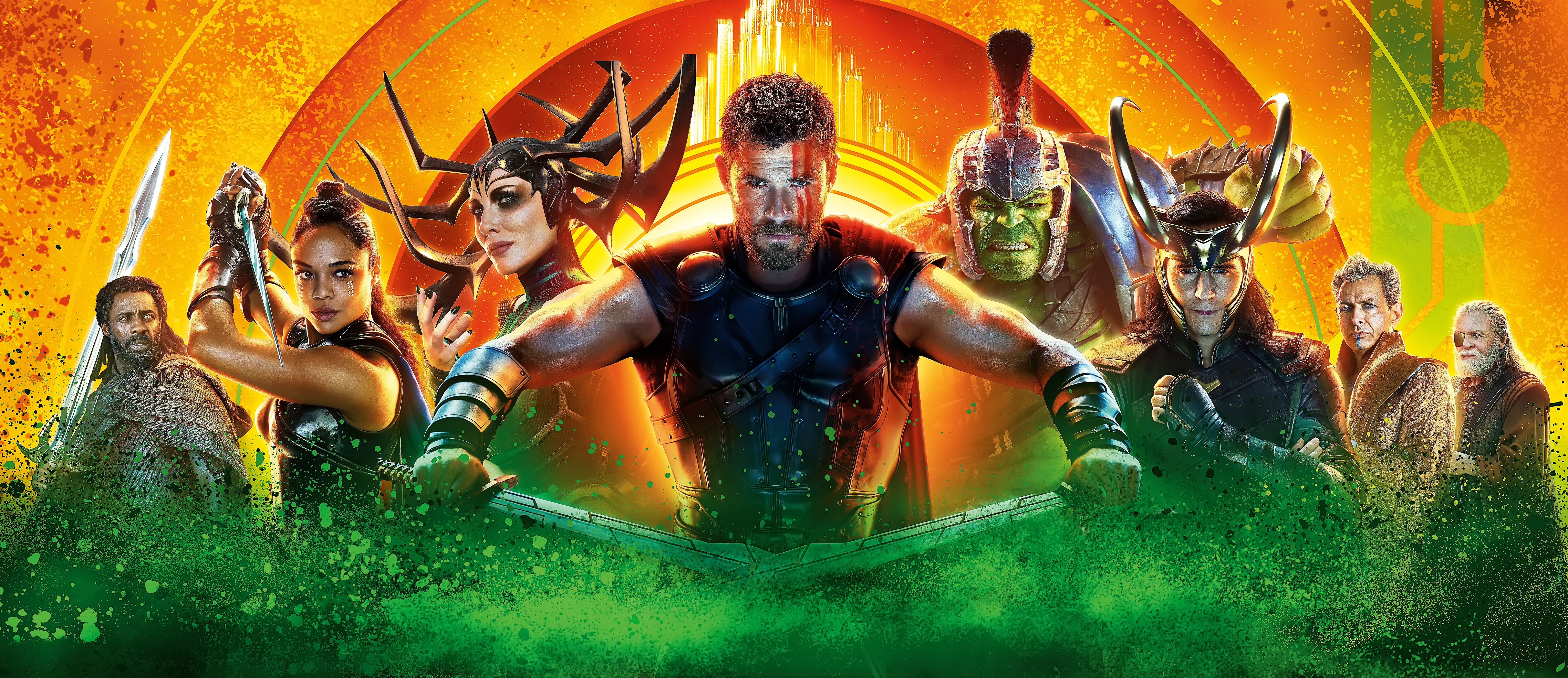 HD desktop wallpaper of Thor: Ragnarok featuring characters Thor, Hela, Valkyrie, Hulk, and Loki against a vibrant, colorful background.