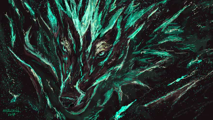 A striking fantasy-themed HD wallpaper featuring an abstract wolf with vivid teal and black elements, exuding a mystical and dynamic presence.