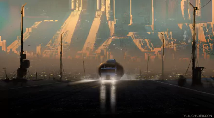 A futuristic cityscape inspired by Blade Runner 2049 features towering structures and a vehicle on a dark road, enveloped in an atmospheric glow. The image is a HD desktop wallpaper and background.