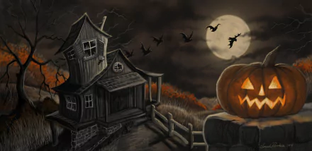 8K Ultra HD Halloween wallpaper featuring a haunted house, glowing jack-o'-lantern, full moon, and bats flying through a dark, eerie night sky.