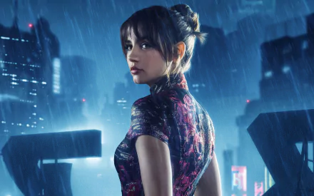 HD desktop wallpaper featuring Joi from Blade Runner 2049, portrayed by Ana de Armas, standing in the rain with a futuristic cityscape in the background.