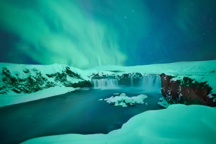 Iceland aurora borealis waterfall winter nature Goðafoss HD Desktop Wallpaper | Background Image
