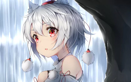 Anime HD wallpaper featuring Momiji Inubashiri from Touhou with white short hair, red eyes, animal ears, and a ribbon, blushing softly. The detailed art creates a captivating background.