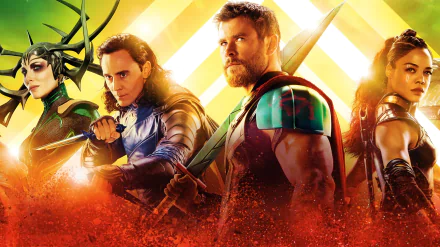 HD wallpaper featuring Hela, Loki, Thor, and Valkyrie from the movie Thor: Ragnarok, based on Marvel Comics characters and portrayed by Cate Blanchett, Tom Hiddleston, Chris Hemsworth, and Tessa Thompson.