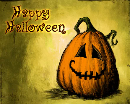 A Halloween-themed HD desktop wallpaper showing a smiling jack-o'-lantern with Happy Halloween written in a spooky font against a warm, painterly background.