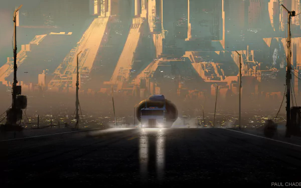 A futuristic cityscape inspired by Blade Runner 2049 features towering structures and a vehicle on a dark road, enveloped in an atmospheric glow. The image is a HD desktop wallpaper and background.