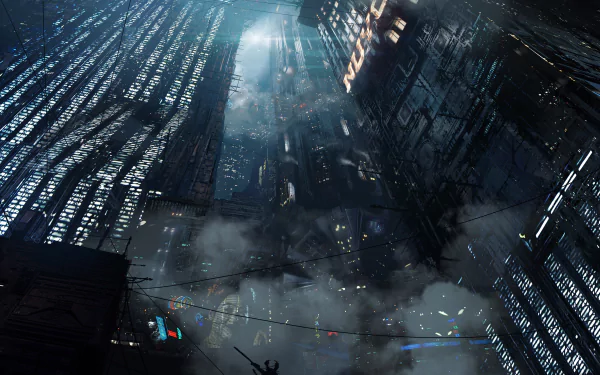 Futuristic cityscape from Blade Runner 2049 featuring towering, illuminated skyscrapers amidst fog and neon lights; HD wallpaper and background.