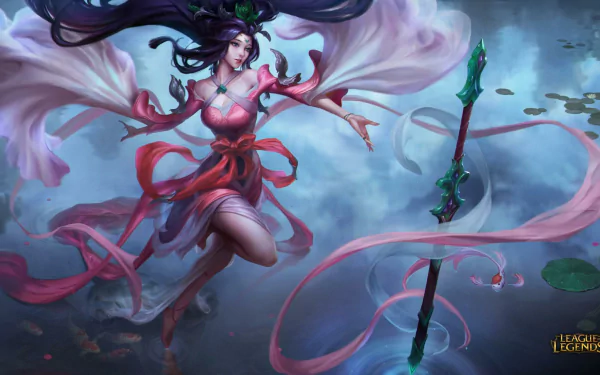 HD PC desktop wallpaper featuring Janna from League of Legends, showcasing her in dynamic motion with mystical, flowing ribbons and a serene water background.