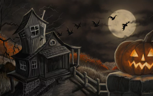 8K Ultra HD Halloween wallpaper featuring a haunted house, glowing jack-o'-lantern, full moon, and bats flying through a dark, eerie night sky.