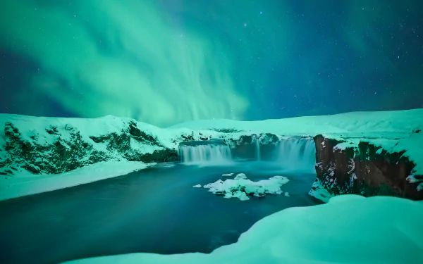 Iceland aurora borealis waterfall winter nature Goðafoss HD Desktop Wallpaper | Background Image