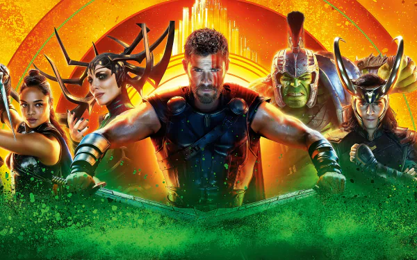 HD desktop wallpaper of Thor: Ragnarok featuring characters Thor, Hela, Valkyrie, Hulk, and Loki against a vibrant, colorful background.
