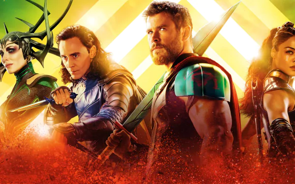 HD wallpaper featuring Hela, Loki, Thor, and Valkyrie from the movie Thor: Ragnarok, based on Marvel Comics characters and portrayed by Cate Blanchett, Tom Hiddleston, Chris Hemsworth, and Tessa Thompson.