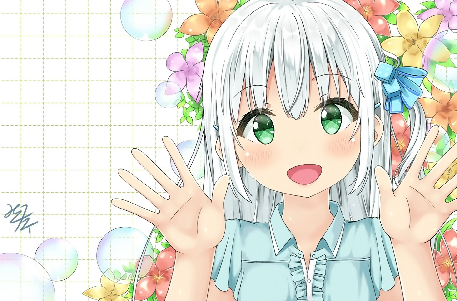 Anime-style original character with white hair and green eyes, smiling with hands raised, surrounded by colorful flowers and bubbles in an HD PC desktop wallpaper background.