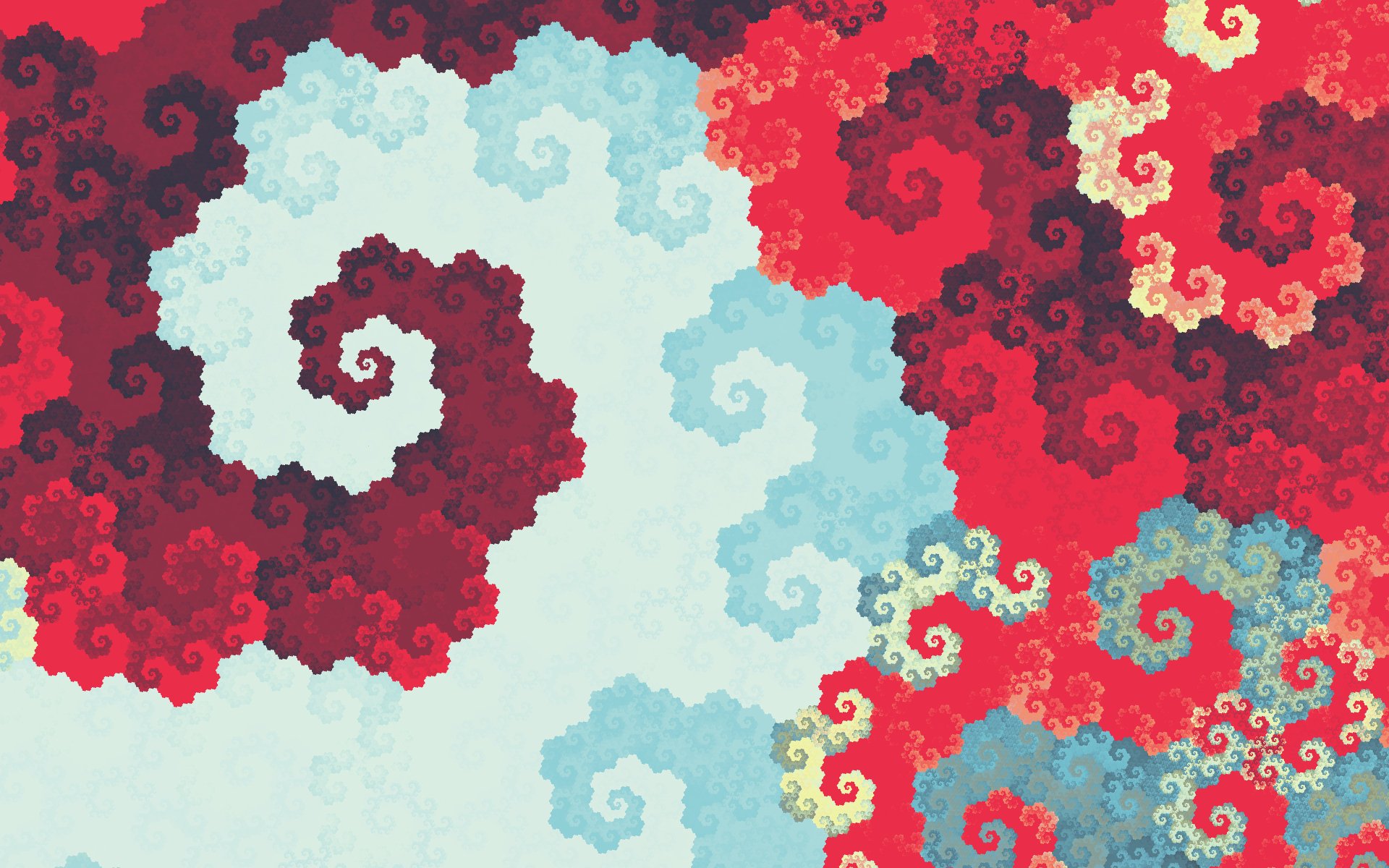 A vibrant psychedelic HD desktop wallpaper featuring an abstract, trippy, and colorful fractal pattern with swirling designs in shades of red, blue, and white.