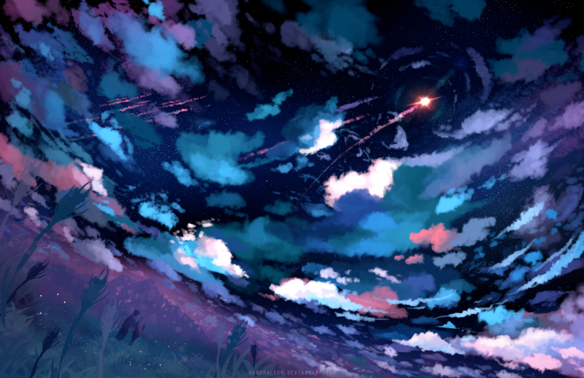 Anime-style HD desktop wallpaper featuring a couple beneath a starry night sky with clouds and rocket trails, capturing a serene and dreamy atmosphere.