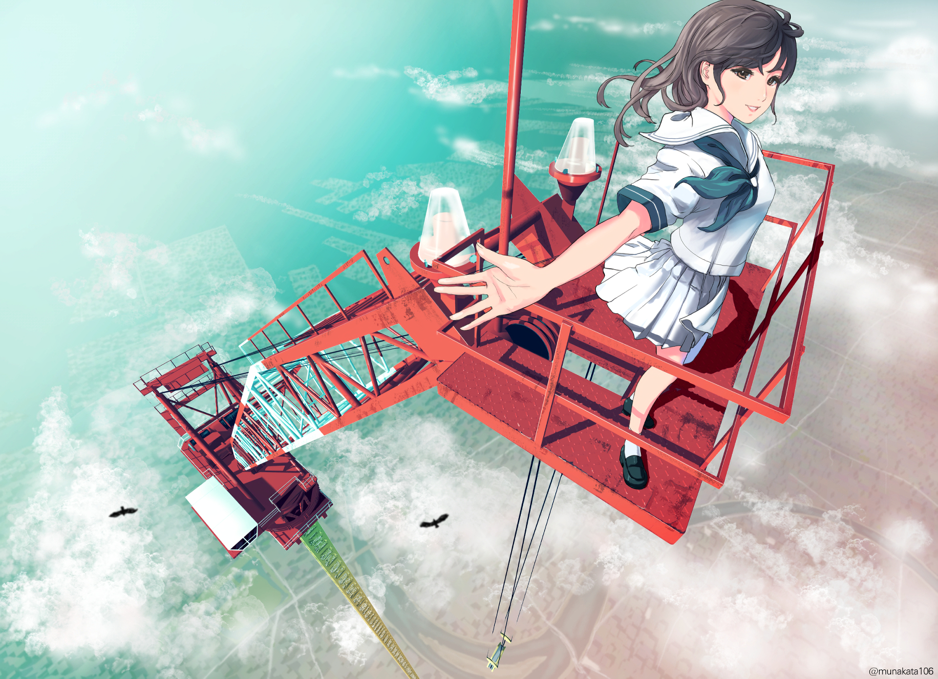 HD anime original artwork featuring a girl in a school uniform balancing on a red construction crane against a bright sky, designed as a PC desktop wallpaper and background.