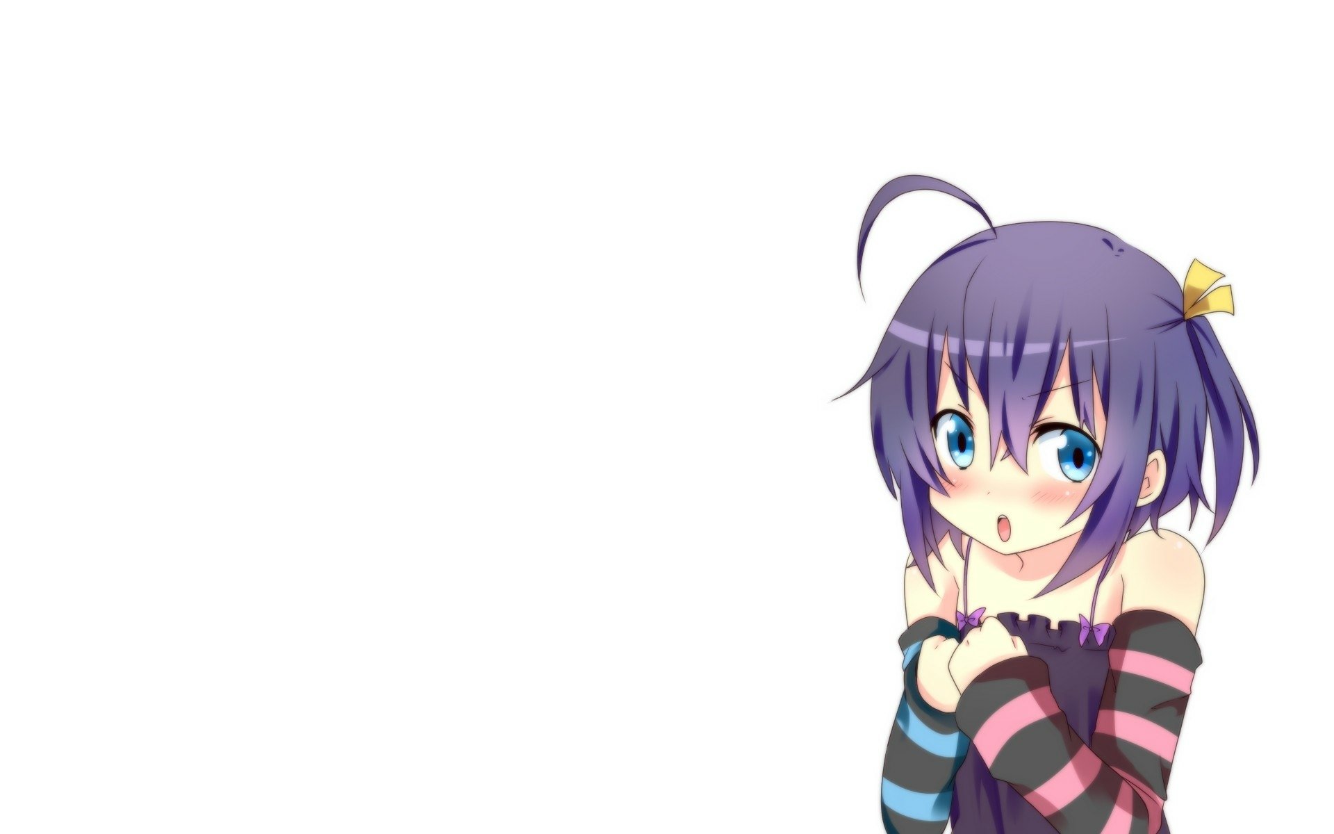 HD PC desktop wallpaper featuring Rikka Takanashi from the anime Love Chunibyo & Other Delusions, showing her in a striped outfit with a white background.