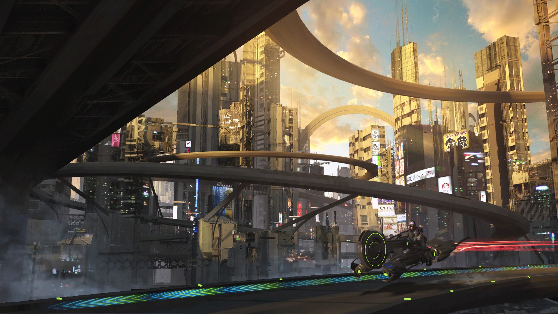 HD PC desktop wallpaper/background of a sci‑fi city at dusk: towering skyscrapers, looping elevated highways and arched skyways, neon signs and futuristic vehicles gliding through the metropolis.
