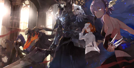 HD desktop wallpaper featuring King Hassan and other characters from Fate/Grand Order, an anime series. The scene is set in a dramatic, dimly lit environment with intricate details and dynamic poses.