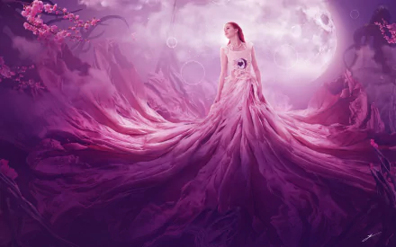 A red-haired woman in a flowing dress with a heart design stands among pink blossoms under a glowing moon in a fantasy 4K Ultra HD desktop wallpaper.