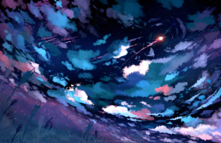 Anime-style HD desktop wallpaper featuring a couple beneath a starry night sky with clouds and rocket trails, capturing a serene and dreamy atmosphere.