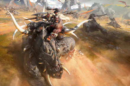 HD desktop wallpaper showing a fantasy battle scene with warriors and orcs riding fierce, horned creatures. The background features a war-torn landscape filled with action and chaos.