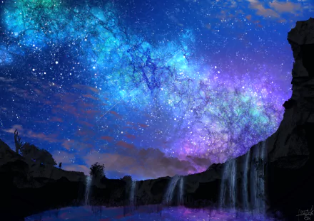 Anime-style HD desktop wallpaper featuring a mesmerizing starry sky and vibrant night scene with cascading waterfalls and silhouettes of distant hills.