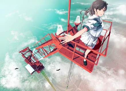 HD anime original artwork featuring a girl in a school uniform balancing on a red construction crane against a bright sky, designed as a PC desktop wallpaper and background.