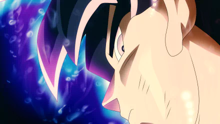HD wallpaper of Goku from Dragon Ball Super, featuring detailed close-up artwork with a vibrant blue aura background.