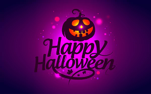 Halloween-themed 4K Ultra HD desktop wallpaper featuring a glowing jack-o'-lantern and the text Happy Halloween on a vibrant purple background.