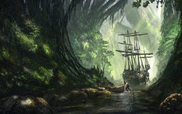 Fantasy Ship Pirate Tiger River Forest Jack Sparrow HD Wallpaper | Background Image