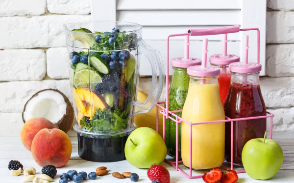 5K Ultra HD PC desktop wallpaper and background: still life of fruit and drink — blender of berries and greens, colorful smoothie bottles in a pink rack, apples, peaches; food, smoothie.