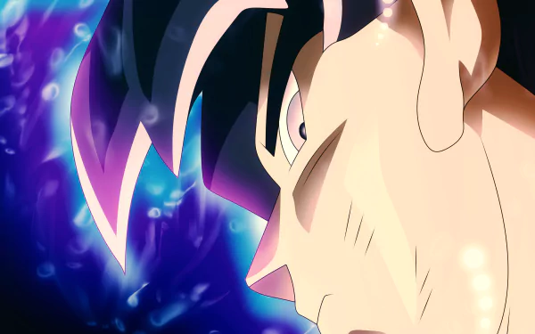 HD wallpaper of Goku from Dragon Ball Super, featuring detailed close-up artwork with a vibrant blue aura background.