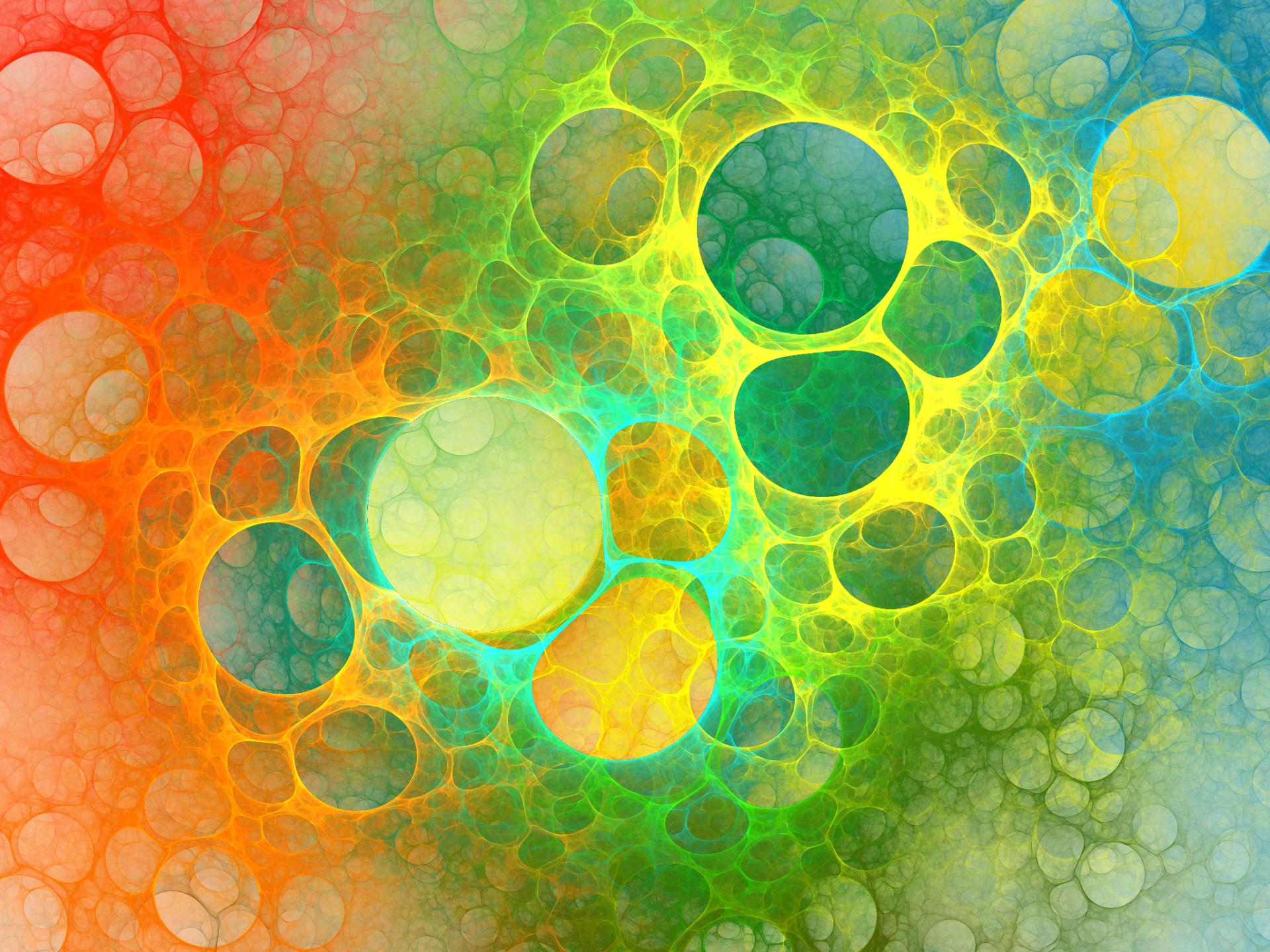 Colorful abstract fractal of overlapping bubbles created with Apophysis software, designed as an HD PC desktop wallpaper and background.