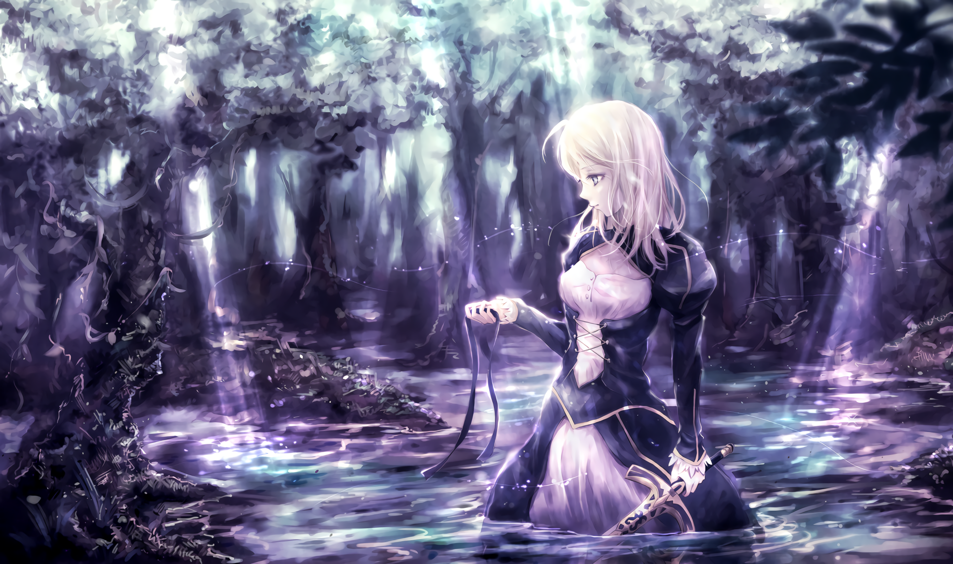 HD PC desktop wallpaper featuring an anime scene from Fate/Stay Night with a character standing in a mystical, glowing forest setting.