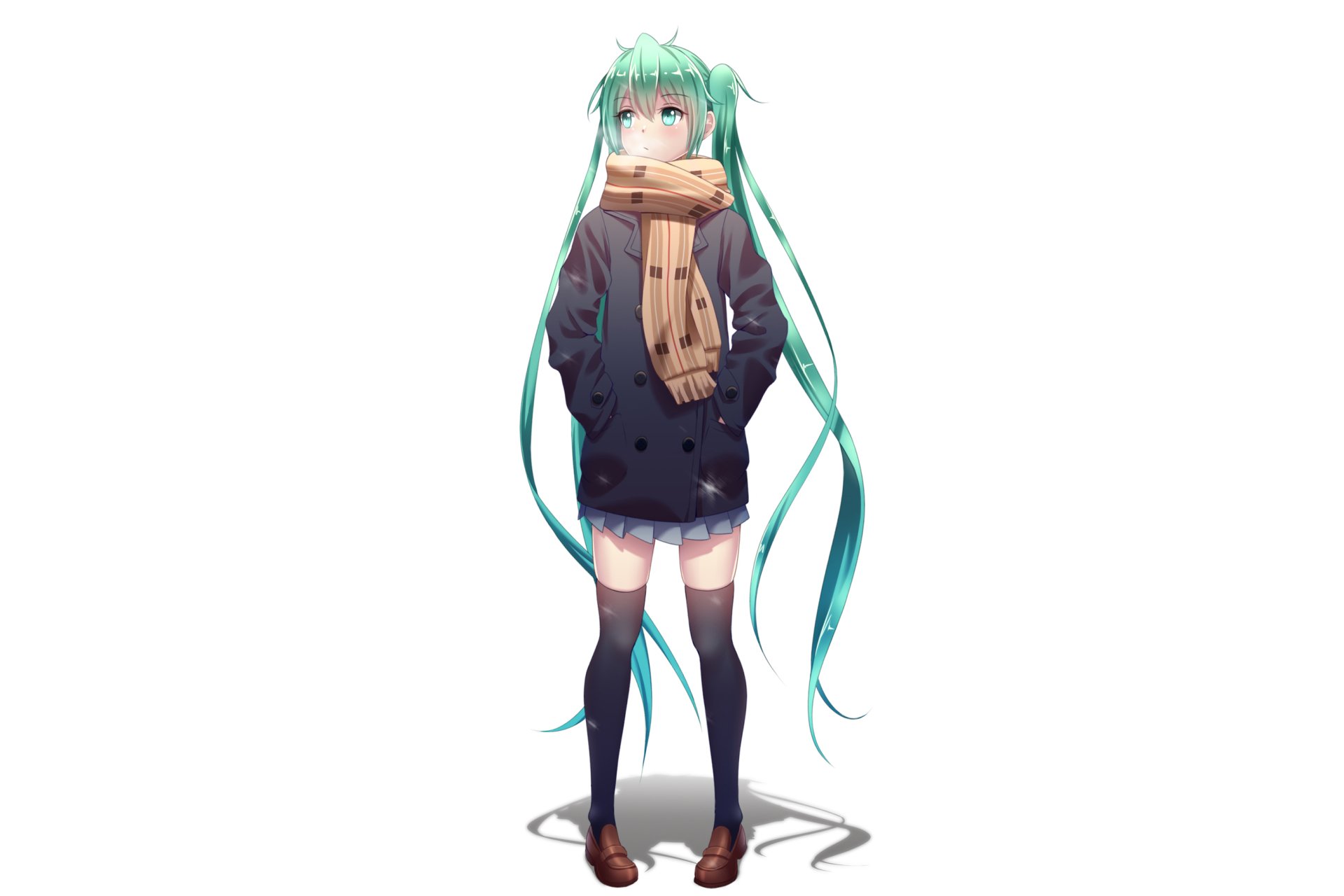 HD PC desktop wallpaper featuring Hatsune Miku, the iconic Vocaloid anime character, standing with her signature turquoise twin-tails and a cozy scarf.