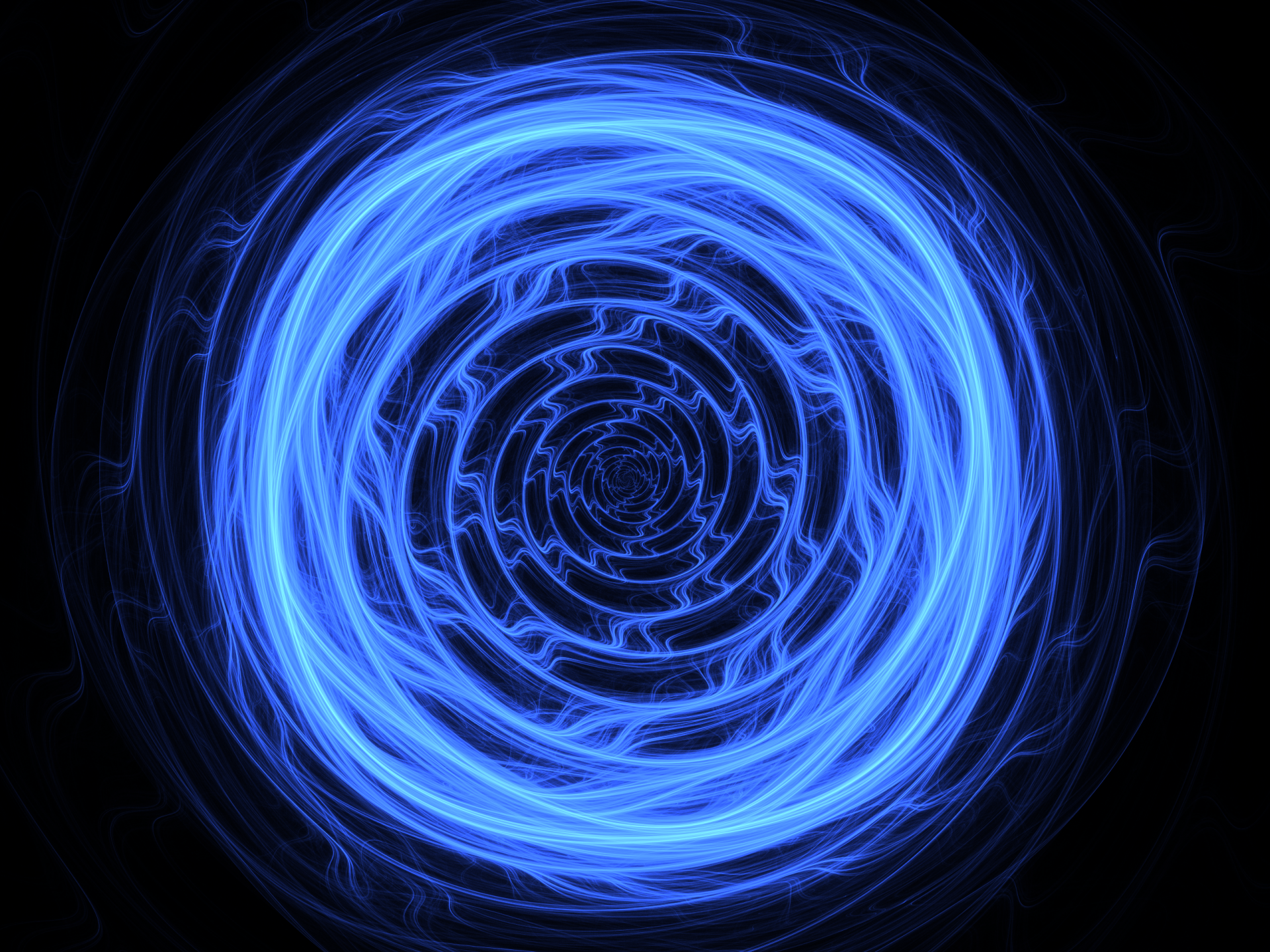 Abstract blue fractal swirl in a vortex shape, created with Apophysis software, forming concentric circles on a dark background for HD PC desktop wallpaper.