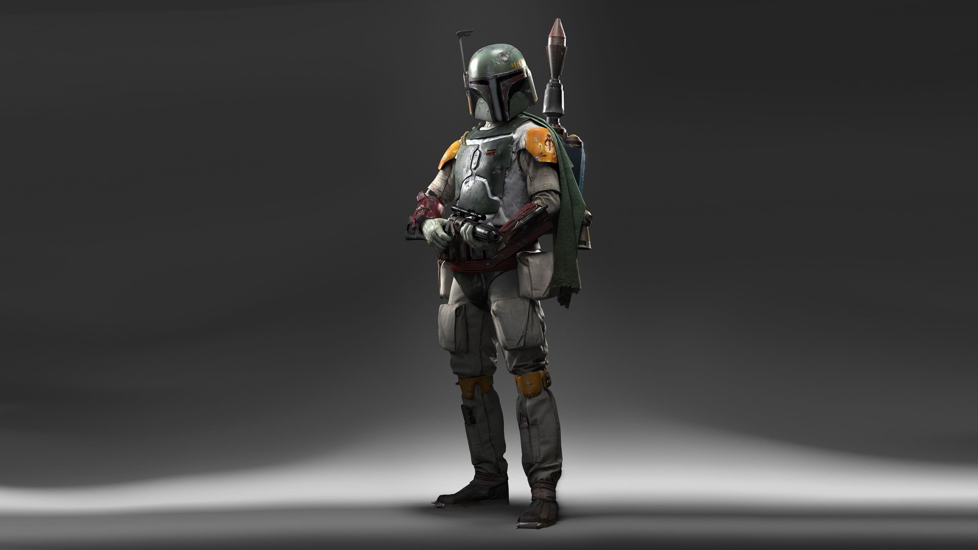 4K Ultra HD PC desktop wallpaper featuring Boba Fett from the Star Wars movie, standing confidently against a dark background with detailed armor and weaponry.