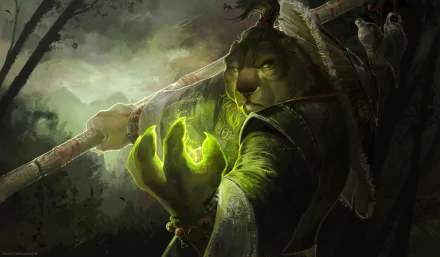 HD fantasy warrior wallpaper of an oriental figure wearing a magic hat, conjuring a glowing green spell in a dark, mystical setting.